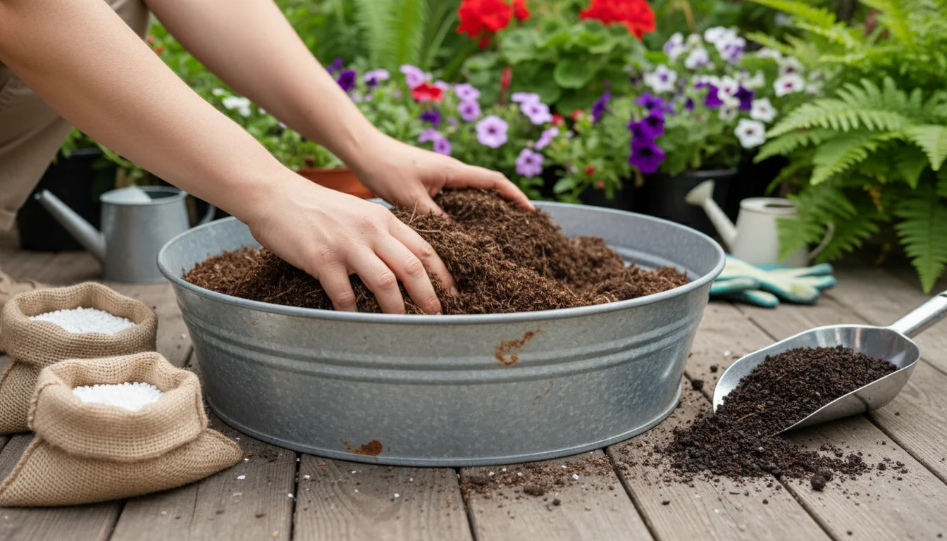 Hands mixing old potting mix with compost, perlite, and worm castings in a metal tub on a patio.