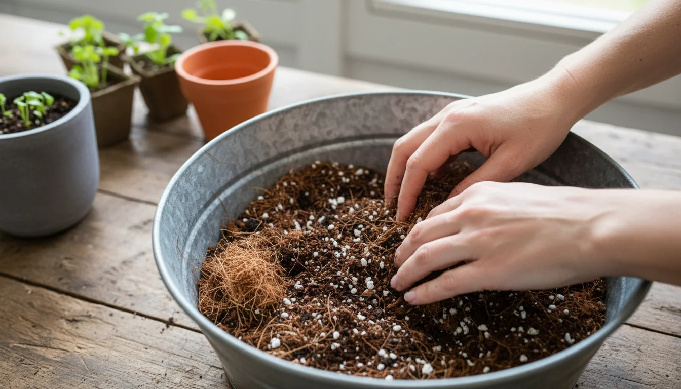 Hands mixing peat-free potting mix with compost, coir, and perlite in a metal trug, with native plant seedlings and containers in the background.