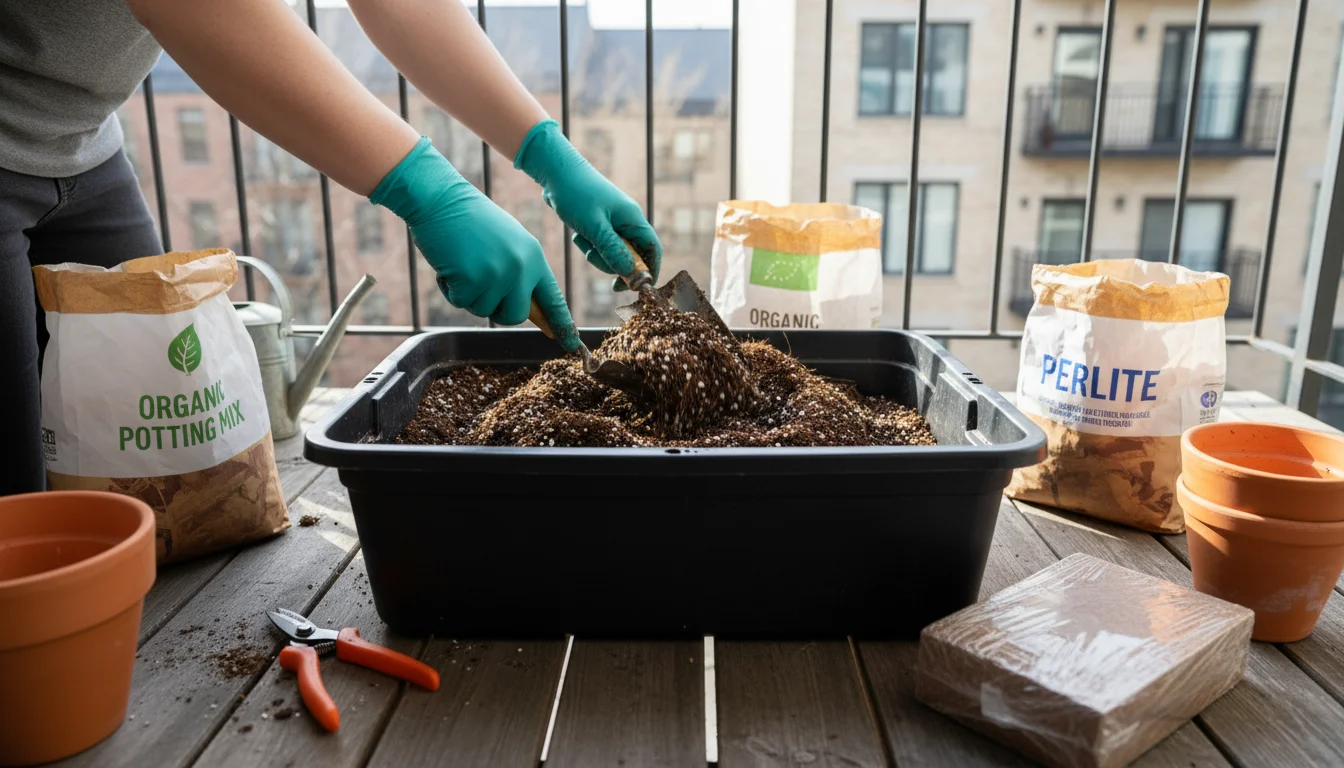 Hands mixing peat-free potting soil, perlite, and coconut coir in a tub on a balcony, surrounded by ingredient bags and a terracotta pot.
