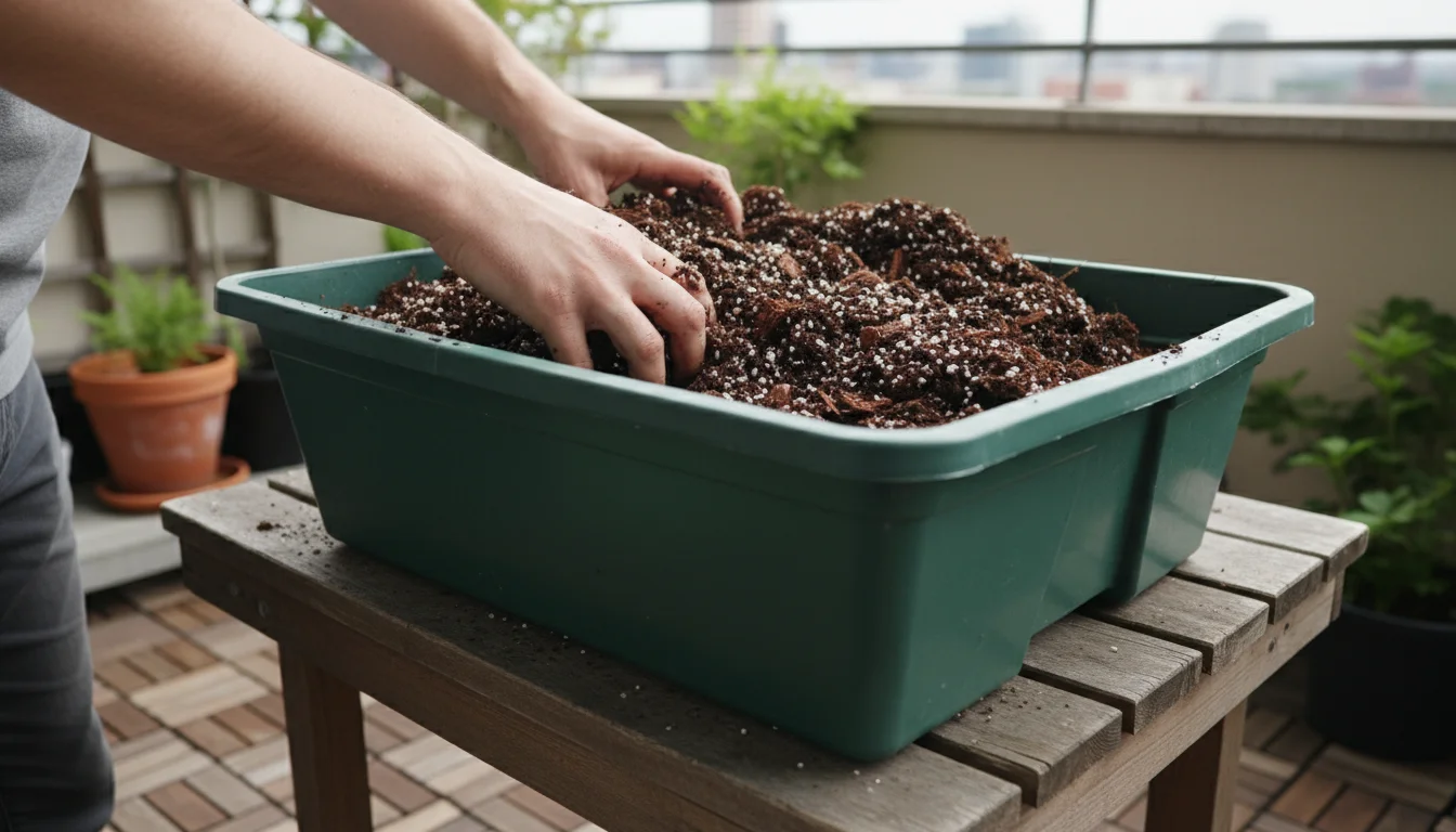 Hands mixing peat moss, perlite, and pine bark fines in a black tub on a wooden potting bench.