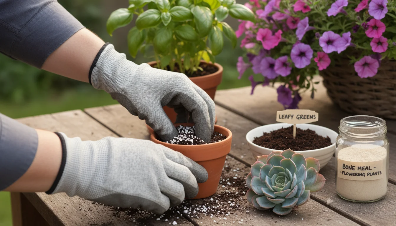 Hands mixing perlite into a pot for a succulent, with compost and bone meal nearby, on a balcony potting bench with thriving herbs and flowers.