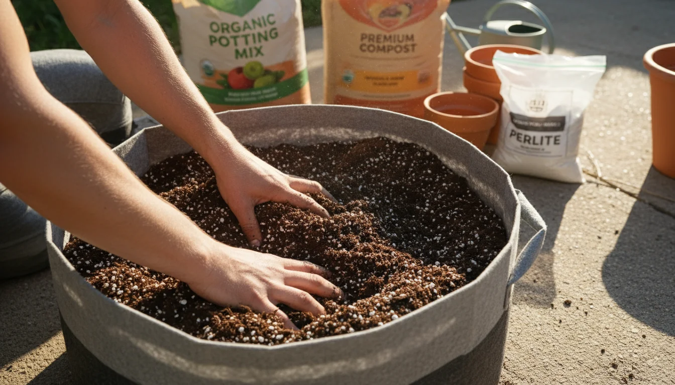 Hands mixing potting mix, compost, and perlite in a fabric grow bag on a sunny patio, with amendment bags nearby.