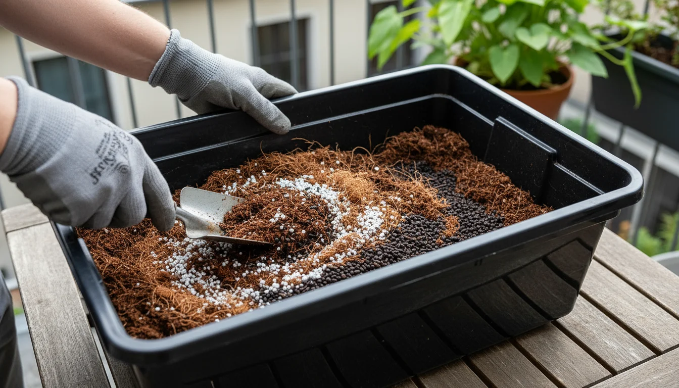 Hands mixing potting soil with dark compost, coco coir, perlite, and worm castings in a bin on an outdoor table.