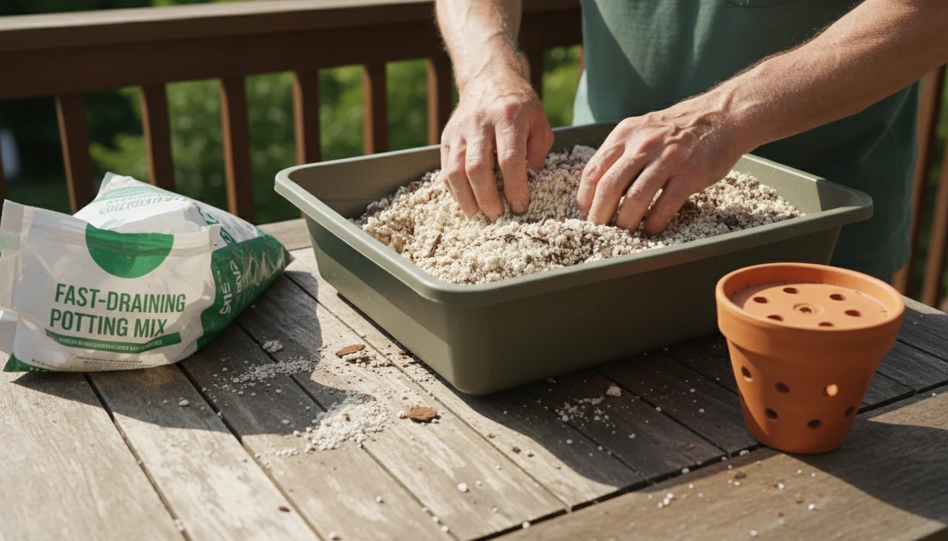 Hands mixing potting soil with perlite and bark in a tub. A bag of fast-draining mix and a terracotta pot are on a rustic balcony table.