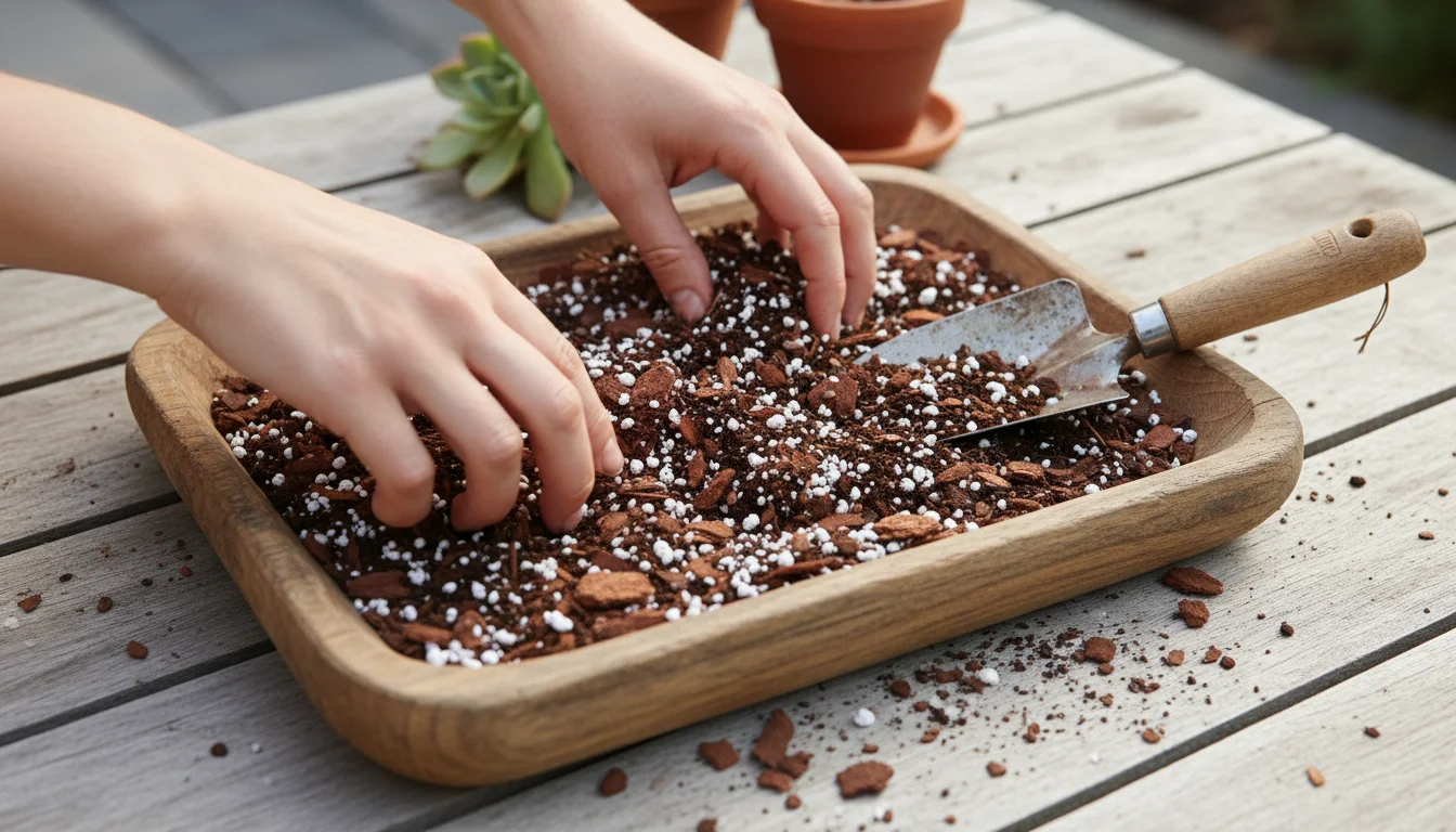 Hands mixing potting soil with perlite and orchid bark in a wooden tray, next to a Christmas cactus and an empty, slightly larger terracotta pot.