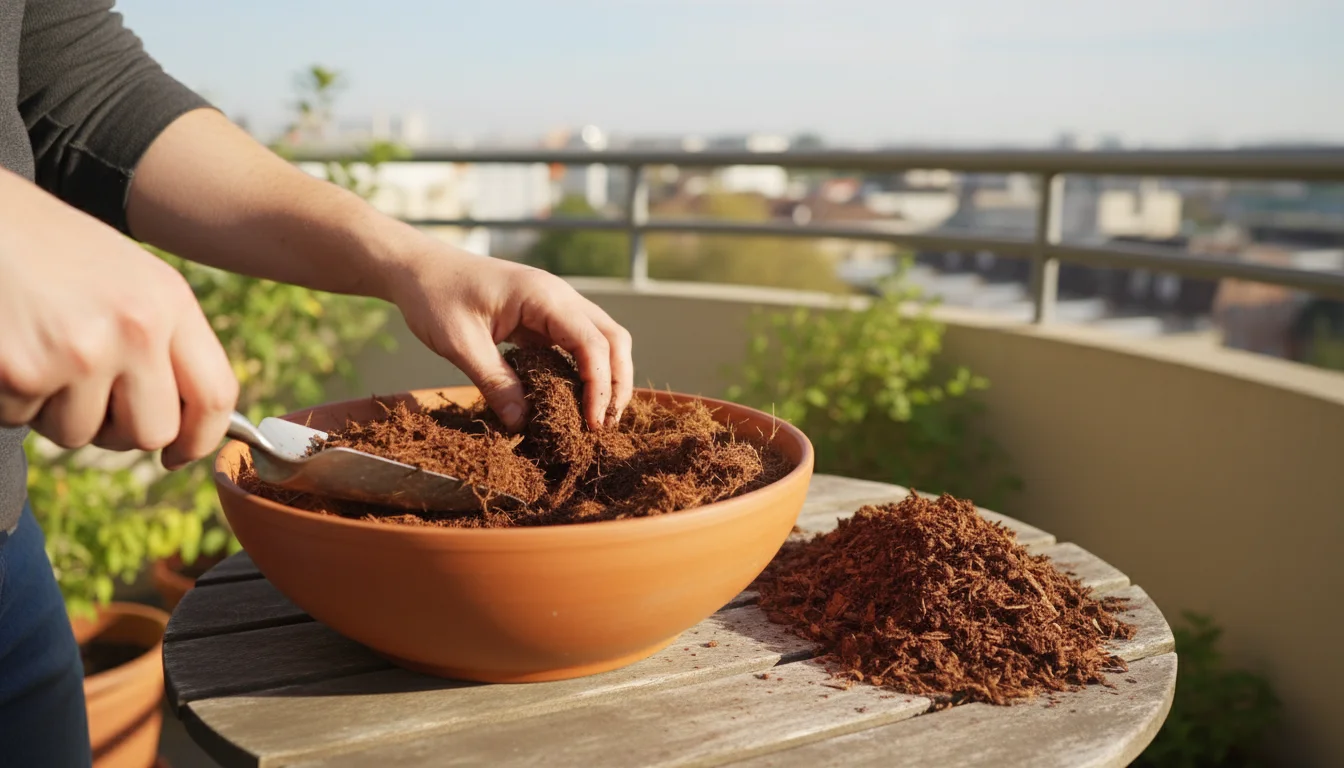Close-up of hands mixing rehydrated coco coir and composted wood fibers in a terracotta bowl on a sunny urban balcony.