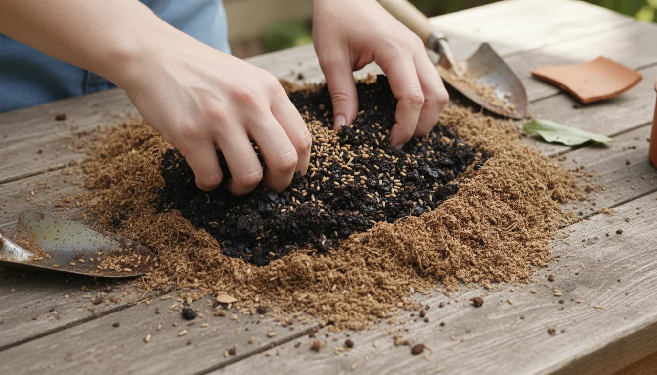 Close-up of hands mixing rich compost, dark worm castings, and organic fertilizer into used potting mix on a wooden bench in soft light.