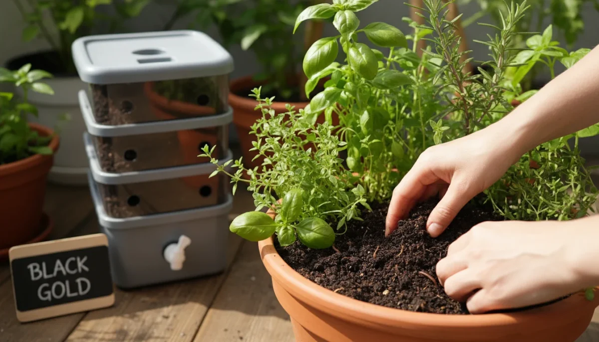 Hands gently mixing rich, dark compost into a vibrant herb planter on a sunny balcony, with a small vermicomposter blurred in the background.
