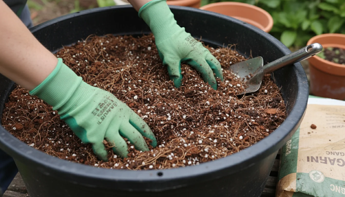 Hands gently mixing rich, dark potting mix in a tub on a patio, with visible organic matter and a potting mix bag nearby.