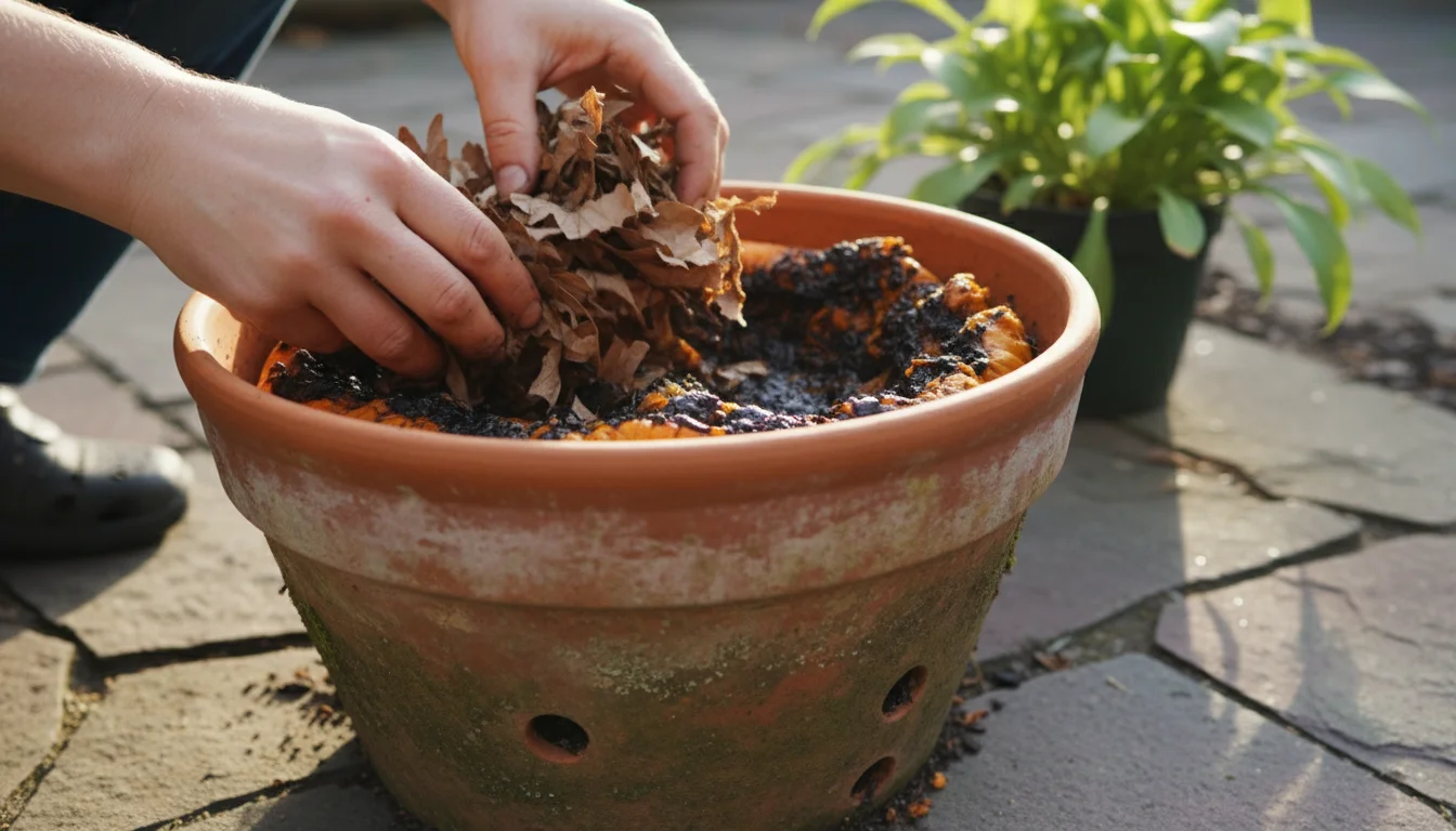 Hands mixing shredded dry leaves and paper into a mucky, decomposing pumpkin inside a terracotta pot on a patio, showing drainage holes.