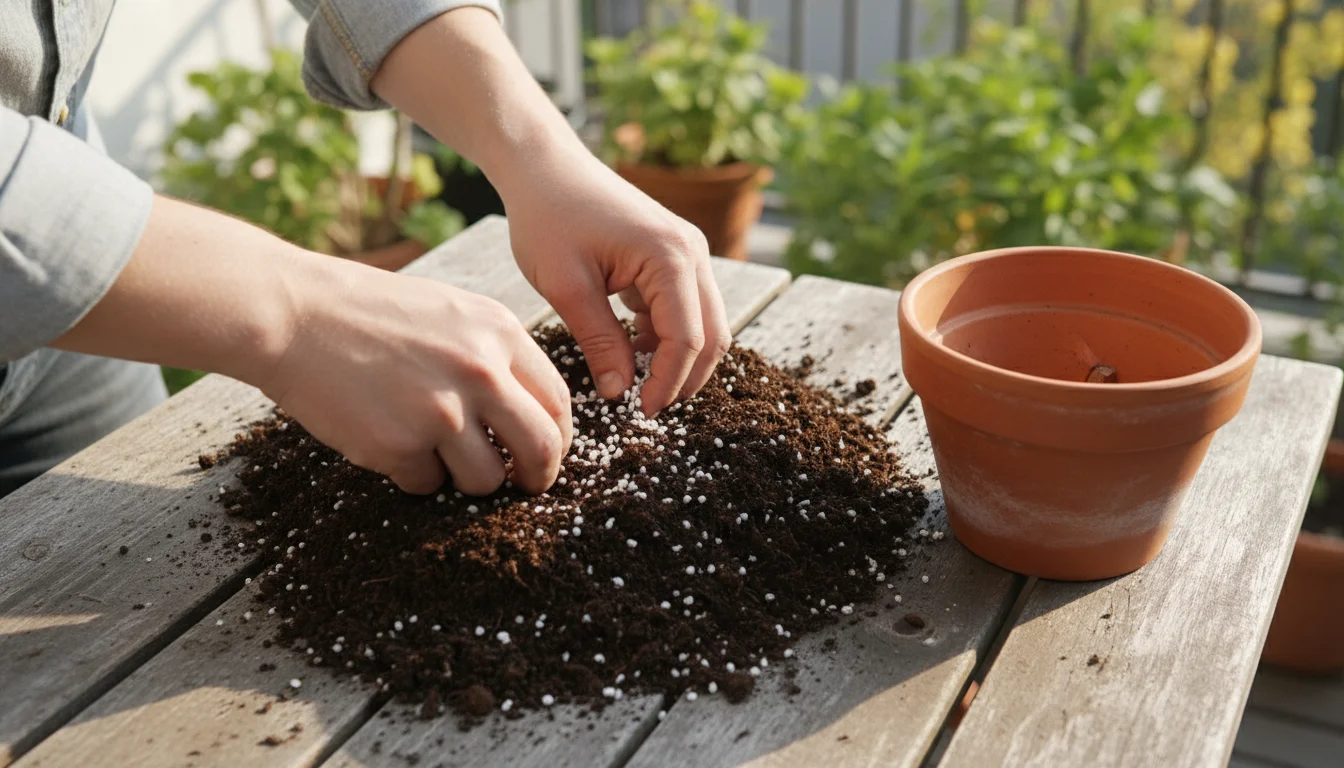 Hands mixing slow-release fertilizer into dark, peat-free potting mix on a wooden bench, with an empty terracotta pot ready for planting on a small pa