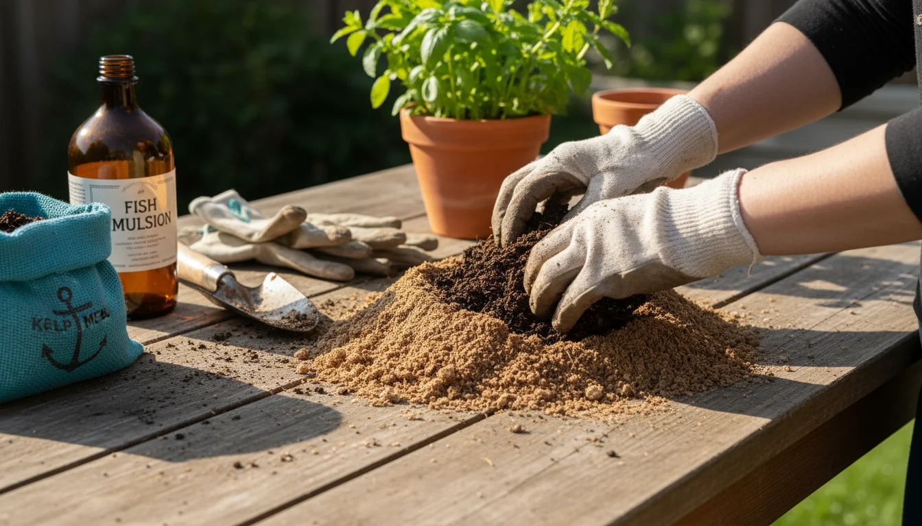 Hands mixing worm castings and compost on a potting bench, with organic fertilizers nearby and blurred patio plants in the background.