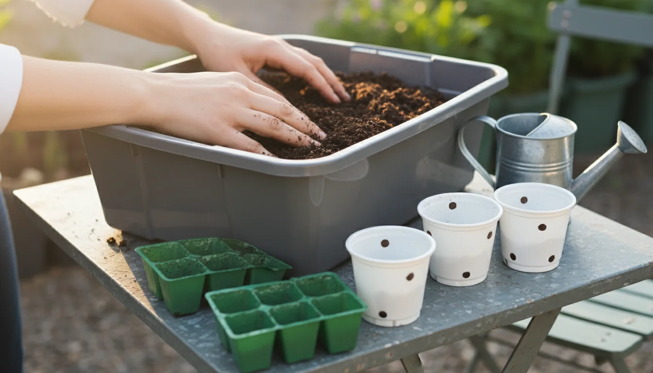 Hands moistening seed-starting mix in a plastic tub, with small seed trays and yogurt cups on a metal balcony table.