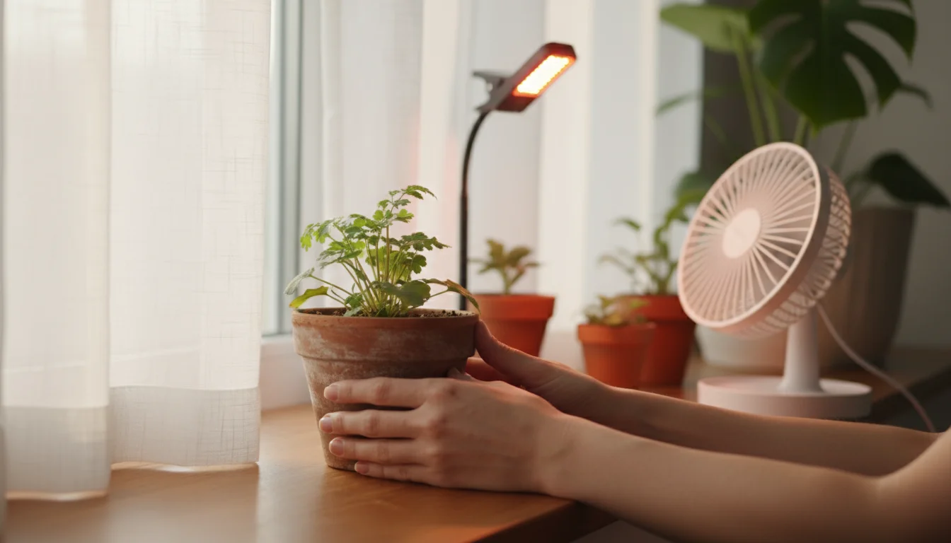 Hands gently move a potted plant closer to a bright window, with a small fan and subtle grow light in a clean indoor setting.
