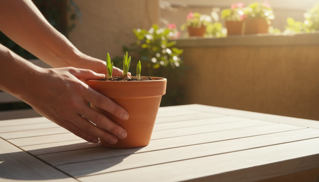 Hands gently move a terracotta pot with emerging green bulb shoots onto a sunlit wooden patio table.