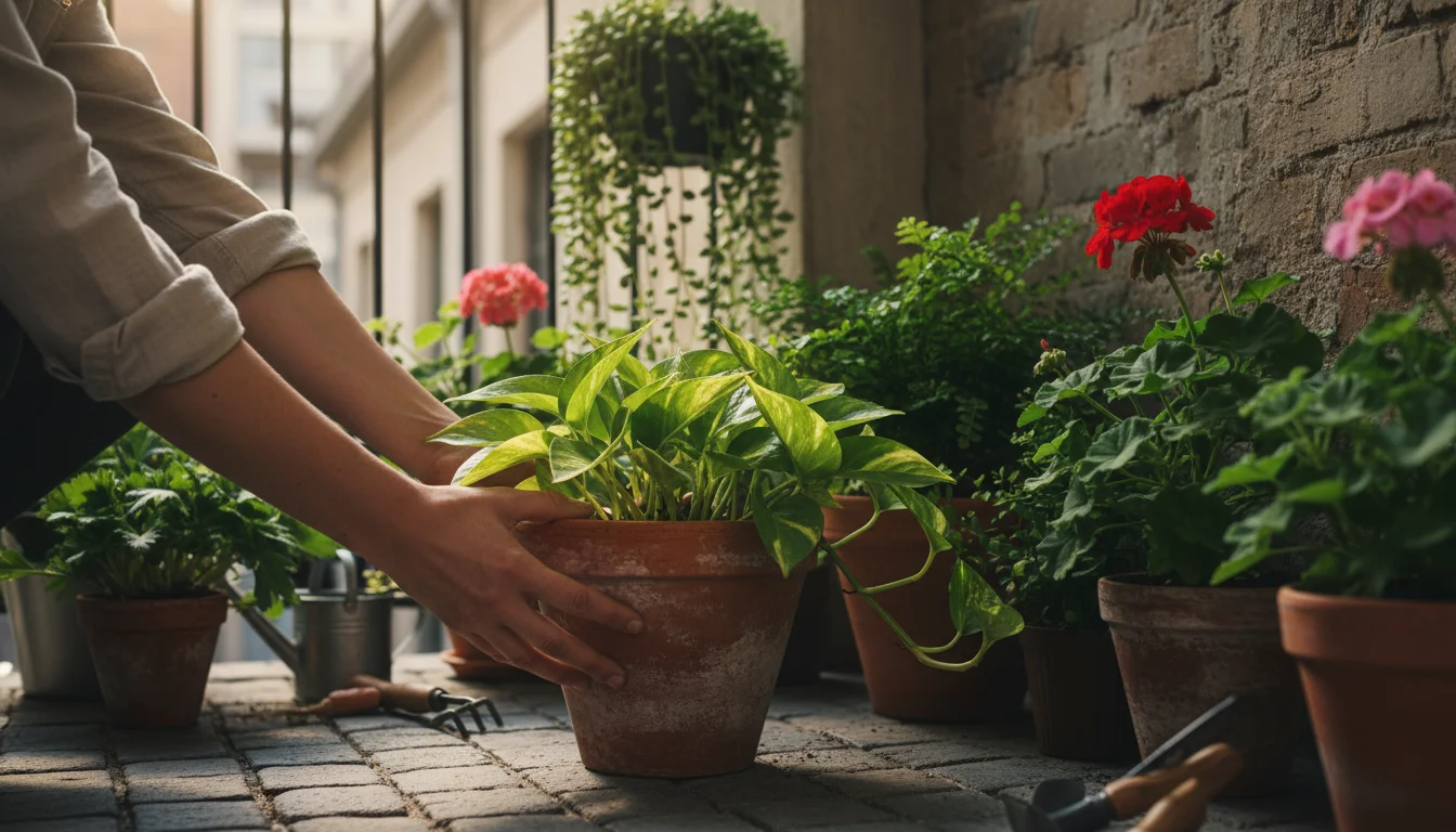 Hands gently moving a potted pothos plant from a sunny balcony spot to a shaded area for acclimation, surrounded by other container plants.