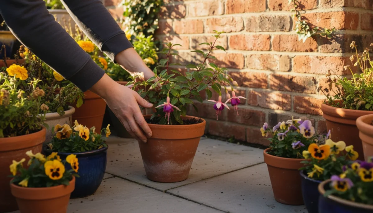 Hands carefully moving a terracotta pot with a fuchsia plant towards a brick wall on a patio, surrounded by other potted plants in soft autumn light.