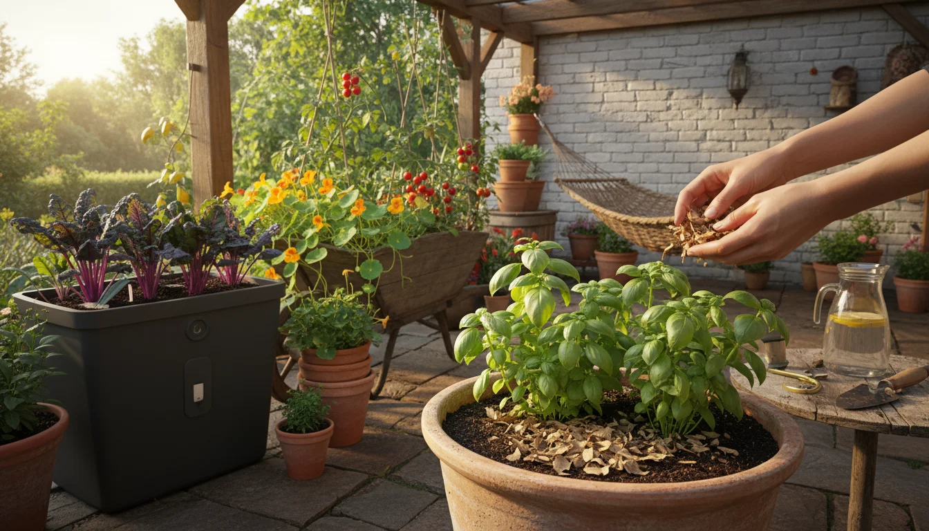 Hands mulch a terracotta basil pot on a sunny patio with a visible self-watering planter and other lush containers, showcasing water-wise gardening.