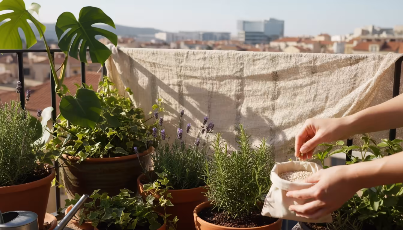 Hands mulching a basil plant in a terracotta pot on a sunny urban balcony, with a light shade cloth draped over a railing protecting other pots.
