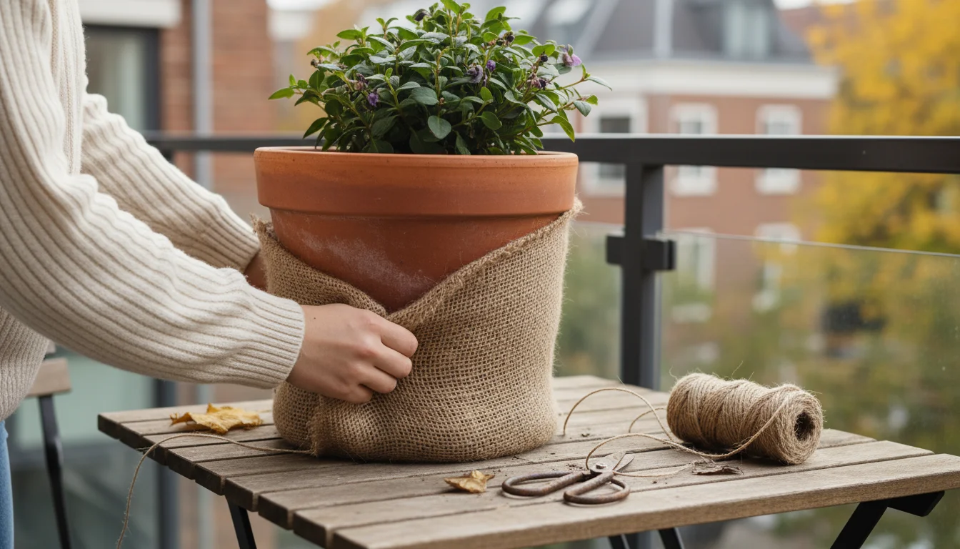 Hands in a muted sweater wrapping a terracotta pot with burlap on a balcony. Twine and scissors are nearby on wood.