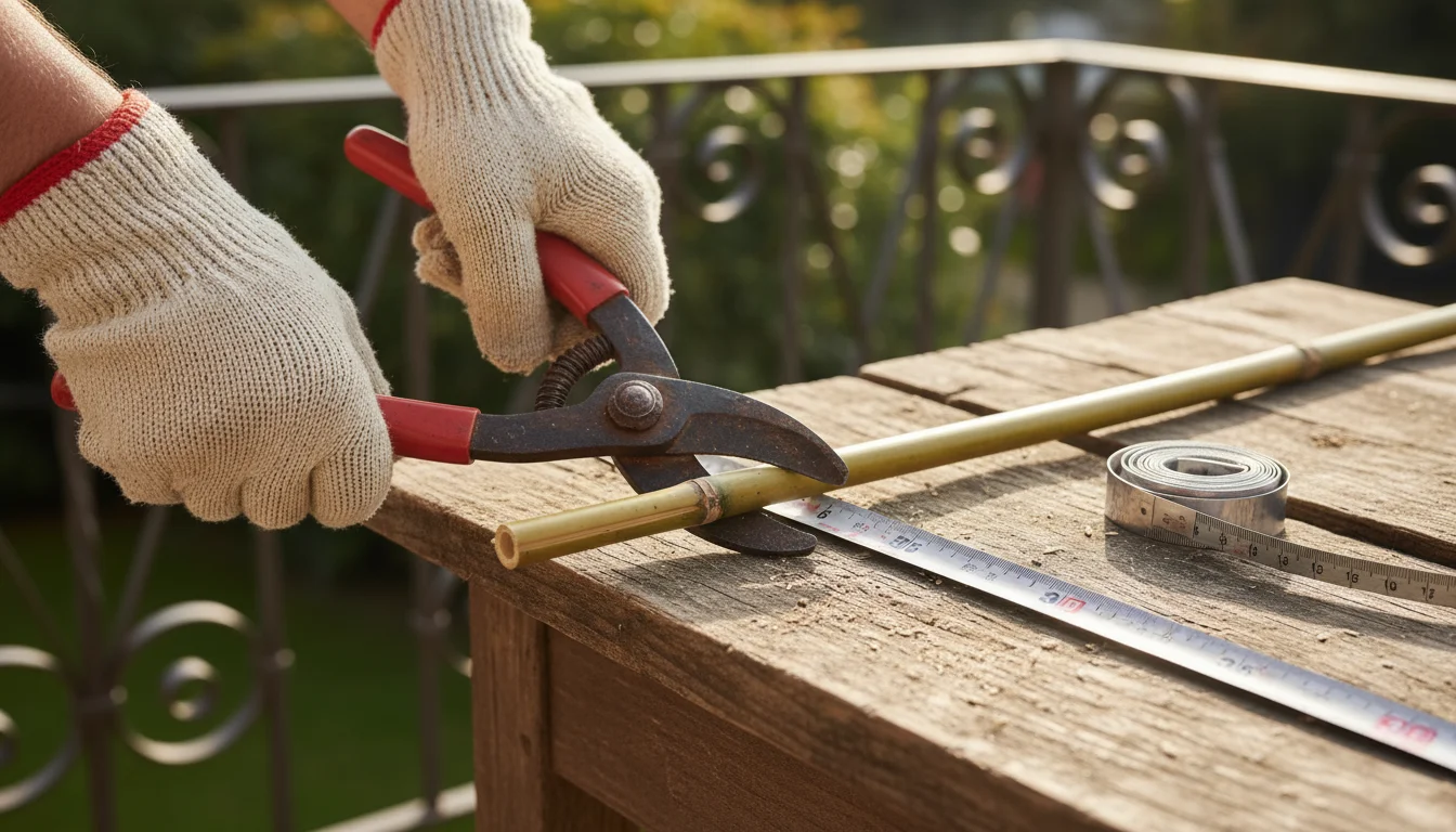 Hands in natural gardening gloves precisely cutting a slender bamboo stake with loppers on a wooden workbench, a metal measuring tape visible.