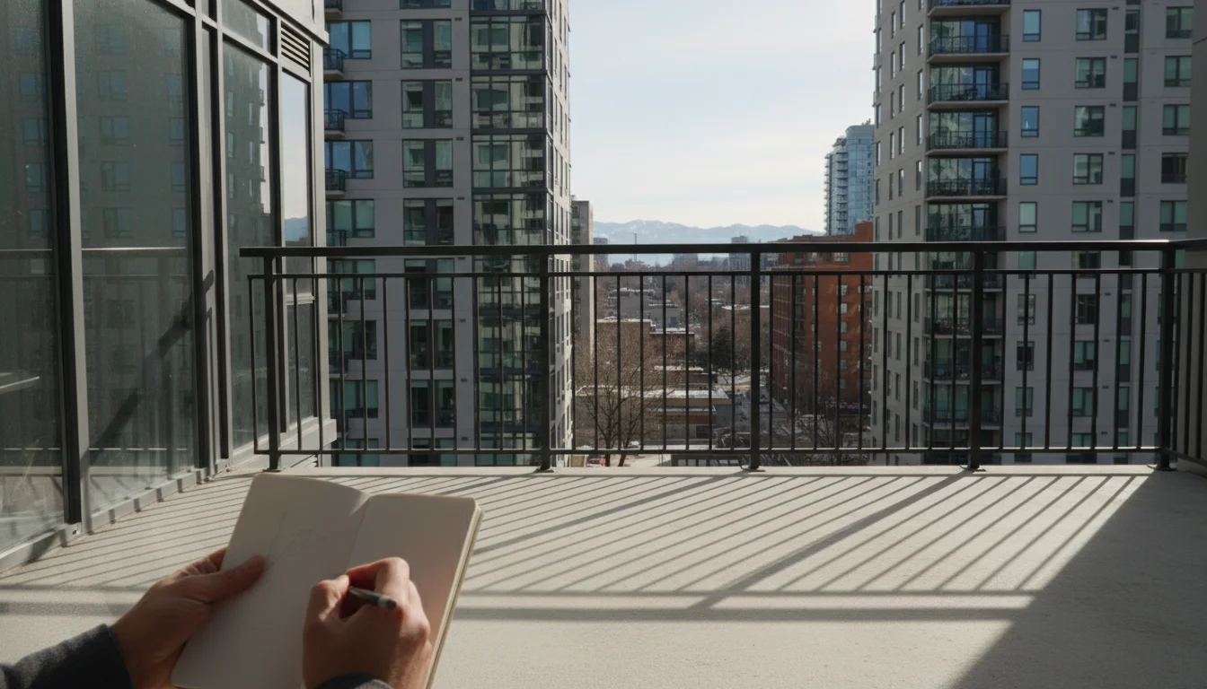 Hands with a notebook and pencil observing long shadows and winter light on an empty urban balcony.