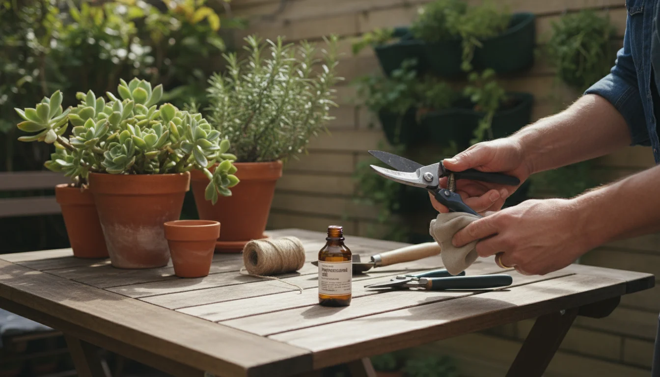 Hands oiling pruner blades on a patio table, surrounded by other hand tools and soft-focus container plants and a vertical garden.