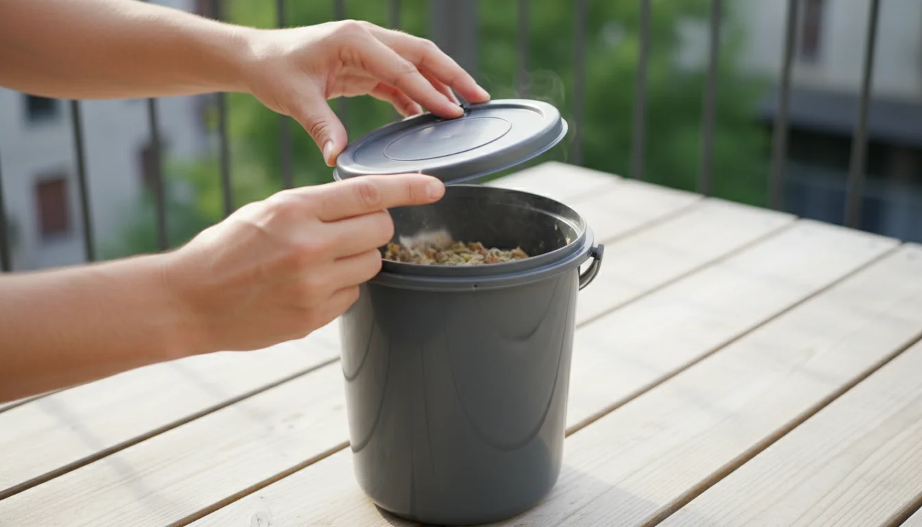 Hands carefully open a dark grey bokashi bucket on a wooden deck, revealing a subtle hint of undesirable mold or murky liquid inside, indicating a com
