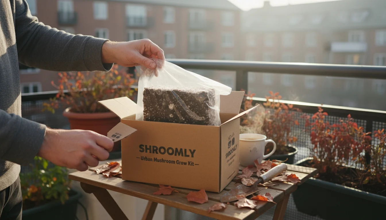 Hands gently open a new mushroom grow kit on a small balcony table, revealing the substrate block and faint white mycelium.