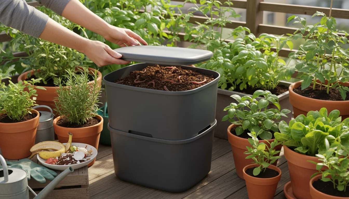 Hands opening a compact worm bin on a patio, surrounded by thriving potted plants and a small dish of kitchen scraps.