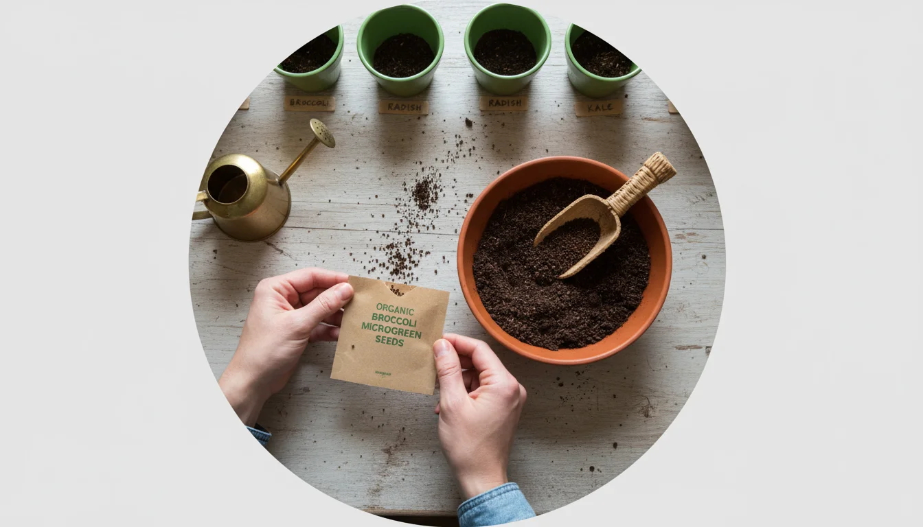 Hands opening a packet of organic microgreen seeds on a kitchen counter, with peat-free growing mix and a planting tray.
