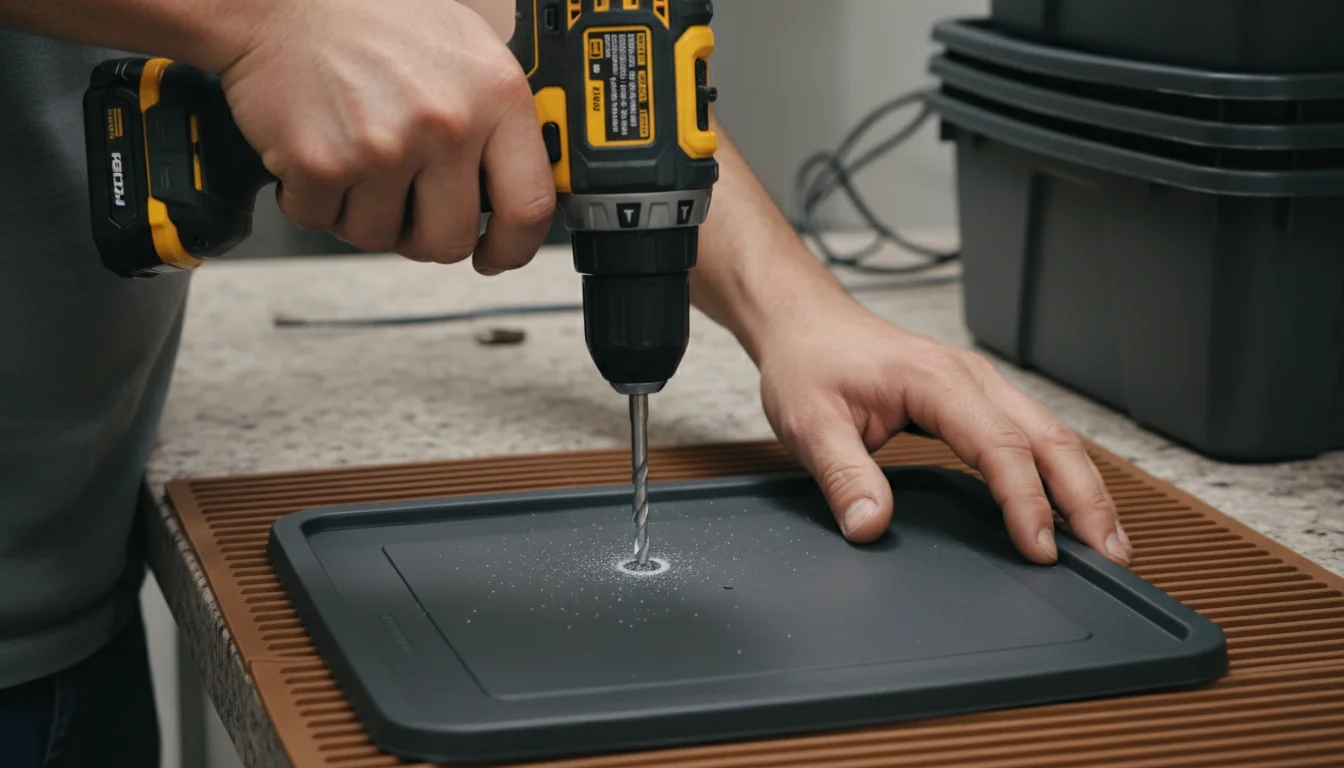 Hands operate a cordless drill to make holes in the dark plastic lid of a storage bin, preparing it for a worm farm.