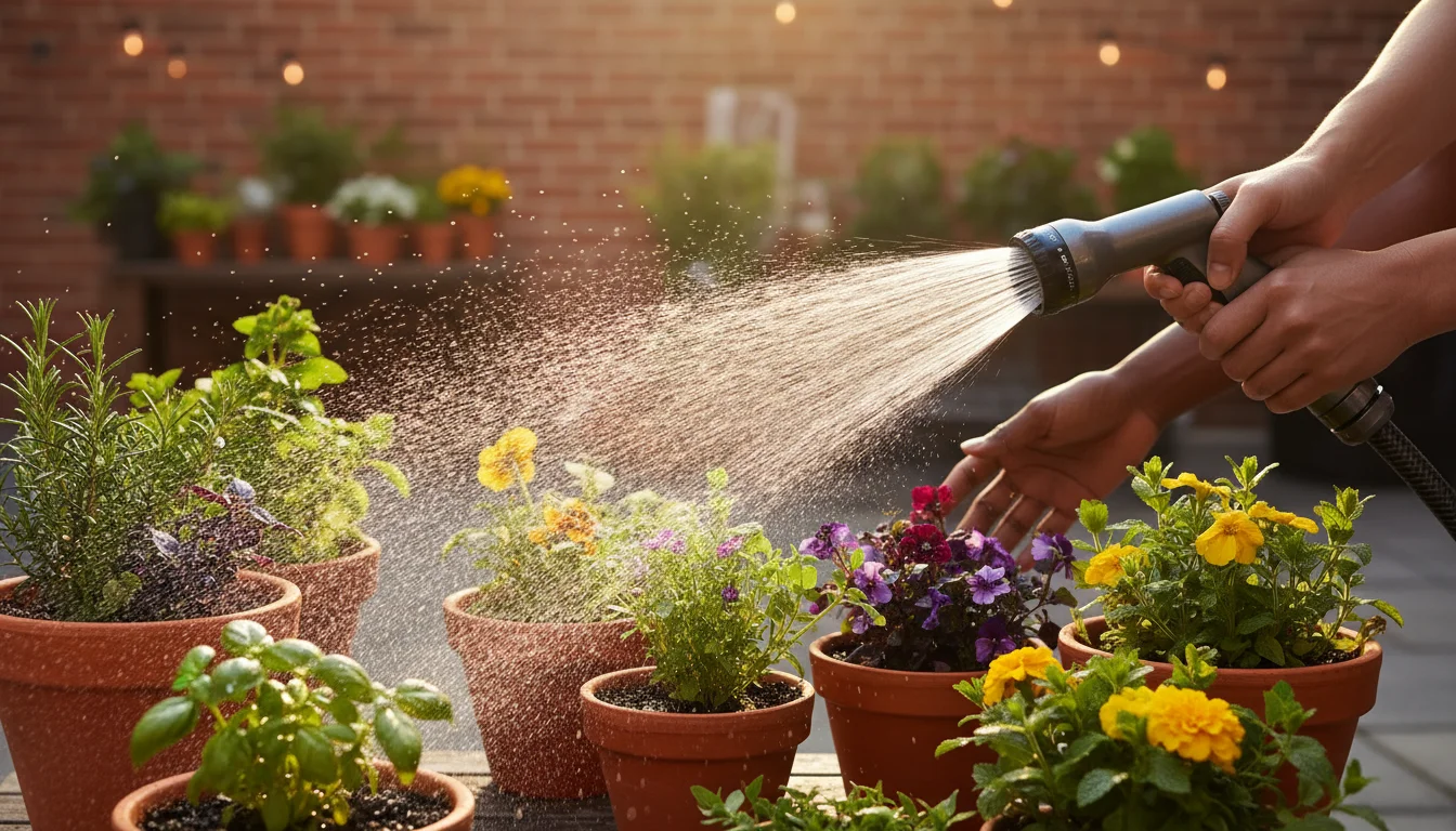Hands operate a low-flow nozzle, spraying a gentle mist over potted herbs and flowers on an urban patio during golden hour.