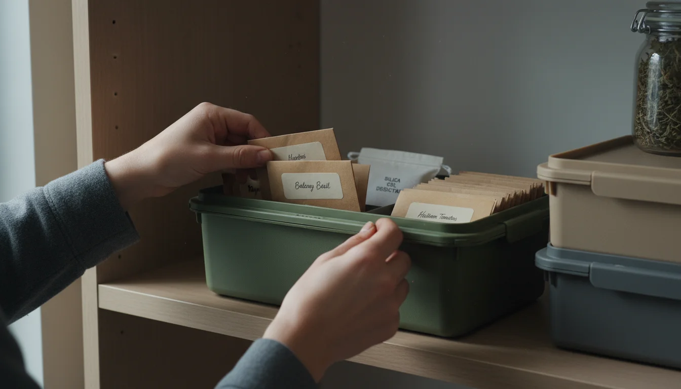 Hands carefully organize labeled seed envelopes into an opaque storage box on a wooden shelf in a dimly lit pantry, ready for long-term keeping.