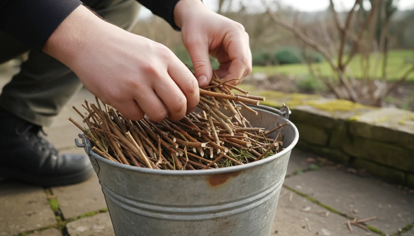 Close-up of hands organizing dry, thin woody prunings into a galvanized bucket on a patio, with a fire pit blurred in background.