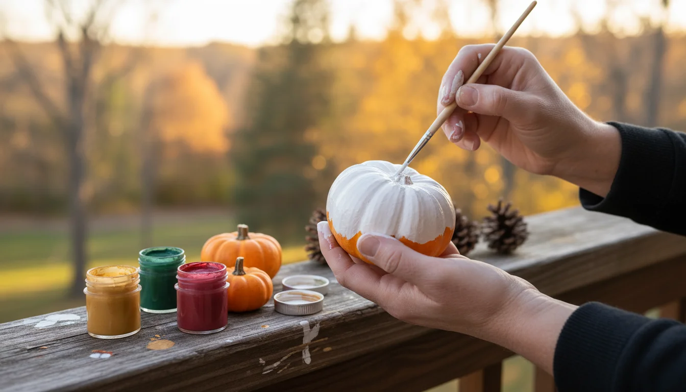 Hands painting a small gourd white on a weathered wooden surface, surrounded by craft paints, unpainted mini pumpkins, and pinecones.