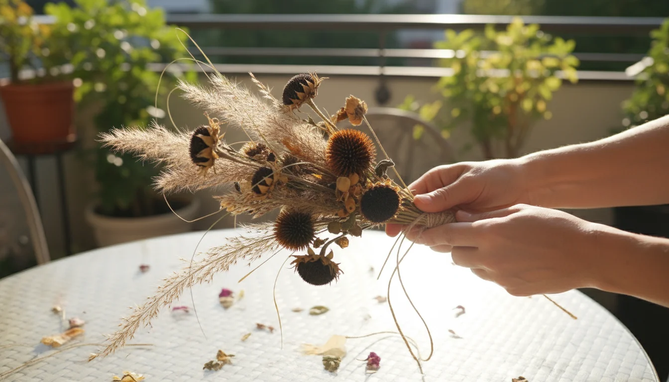 Hands on a patio table hold a bundle of dried sunflower, coneflower, and grass seed heads tied with twine, with container plants in background.