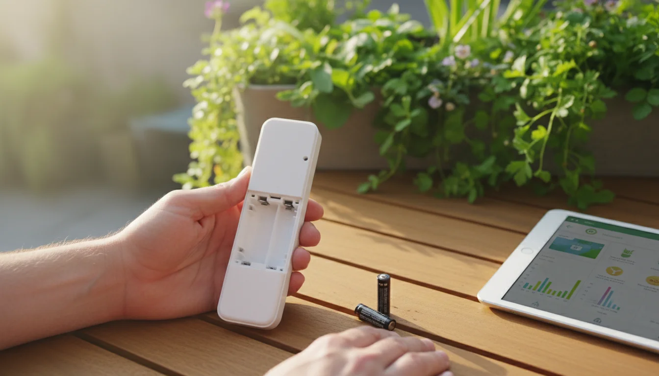 Hands on a patio table, preparing to replace batteries in a smart soil sensor, with a garden app visible on a tablet.