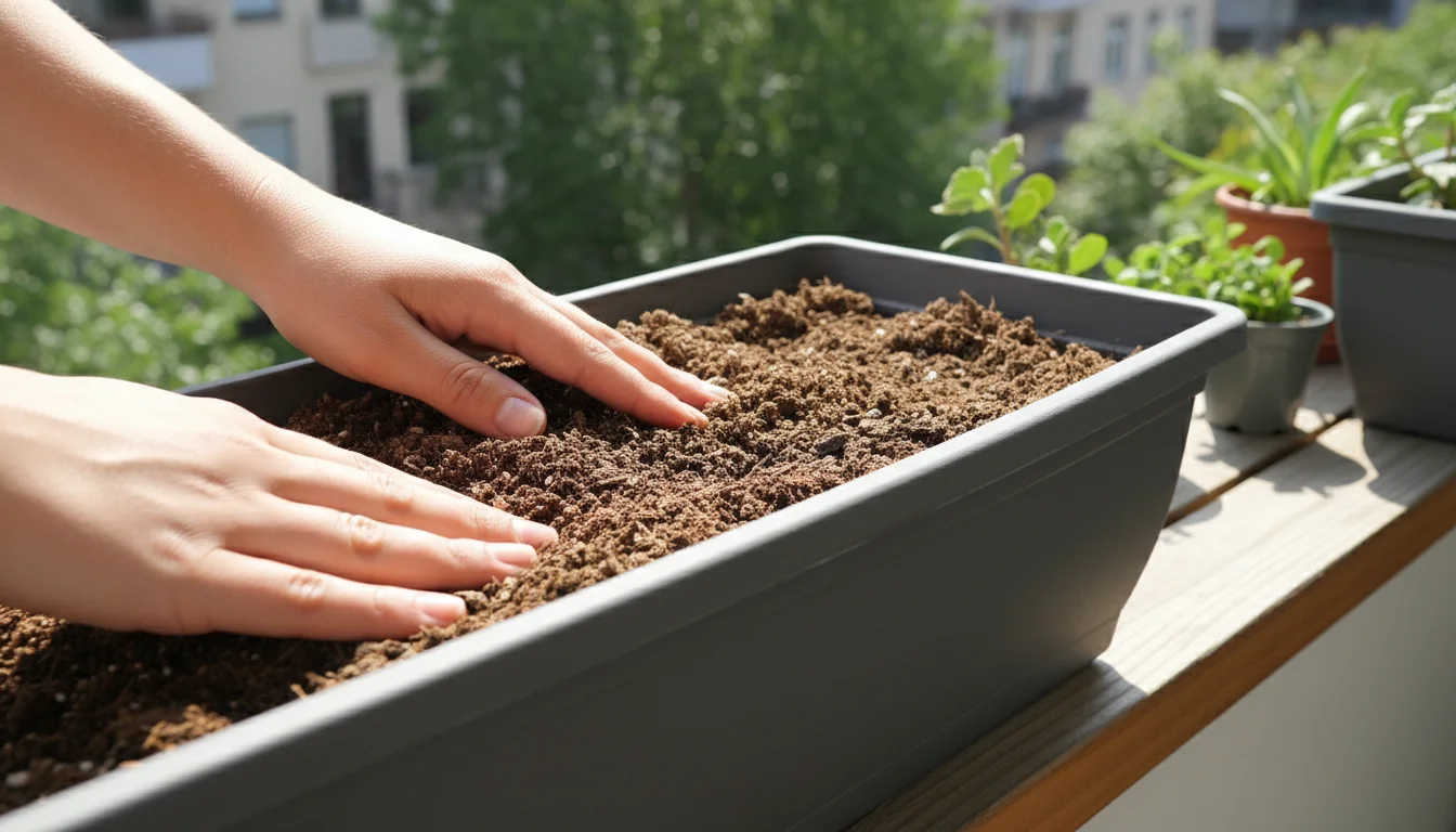 Hands gently patting dark, fluffy potting mix into a modern grey window box on a balcony railing, leaving an inch of space.