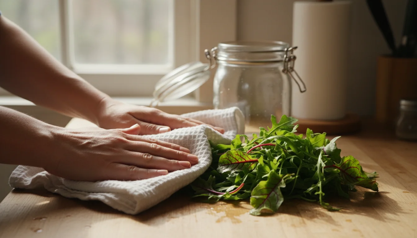 Hands gently patting freshly washed wasabi arugula and mustard greens dry with a towel, next to a glass storage container.