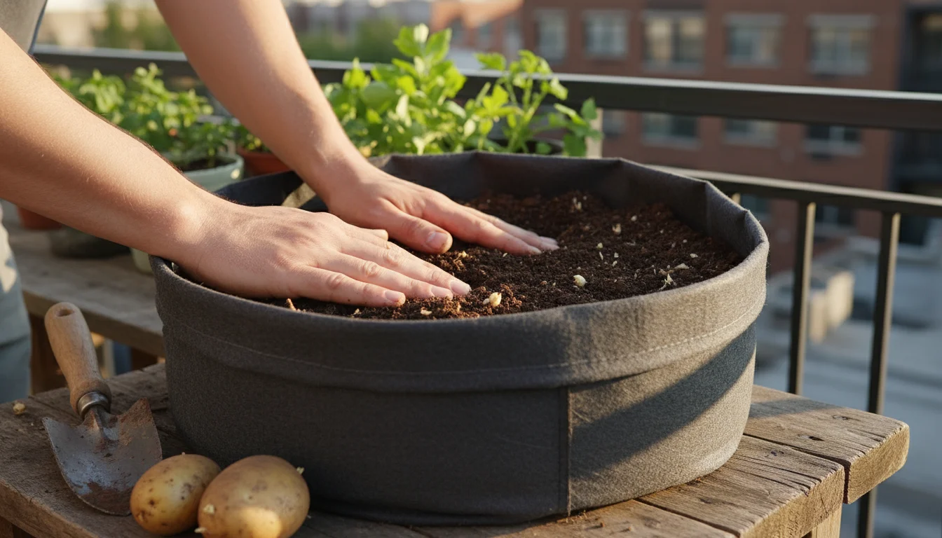 Close-up of hands gently patting down an initial layer of soil inside a cuffed fabric grow bag on an urban balcony, ready for potato planting.