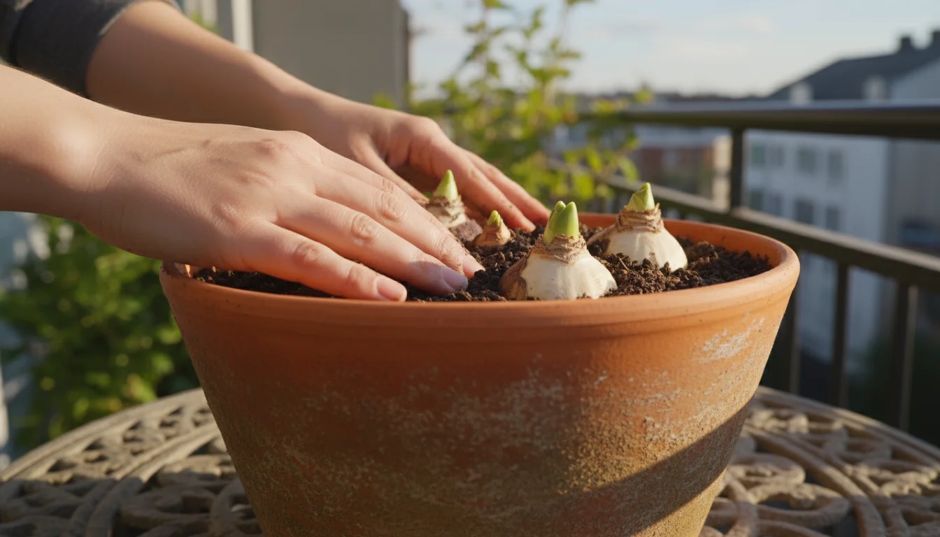 Hands gently patting soil around hyacinth and muscari bulbs in a terracotta pot on a balcony table, their tips barely exposed.