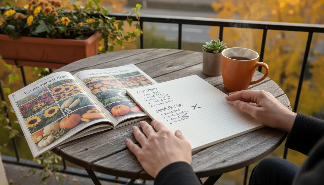 A slightly elevated shot of hands pausing over a handwritten planning list on a table, surrounded by an open seed catalog, various small empty pots, a