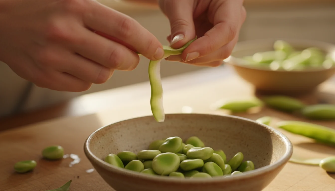 Close-up of hands peeling a blanched fava bean, with bowls of peeled and unpeeled beans, and discarded pods on a wooden board.