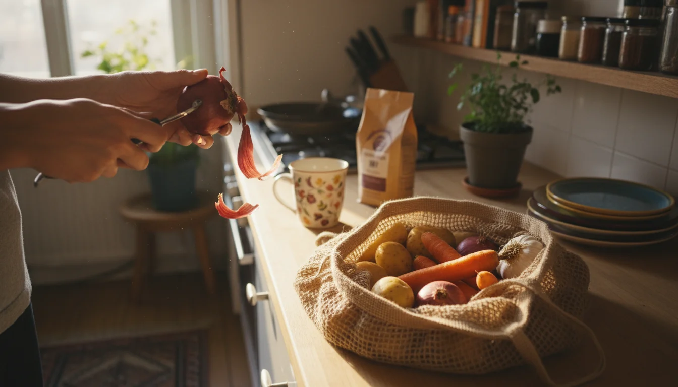 Hands peeling a red onion, letting the dry outer skins fall into a woven mesh bag filled with golden and red onion skins on a kitchen counter.