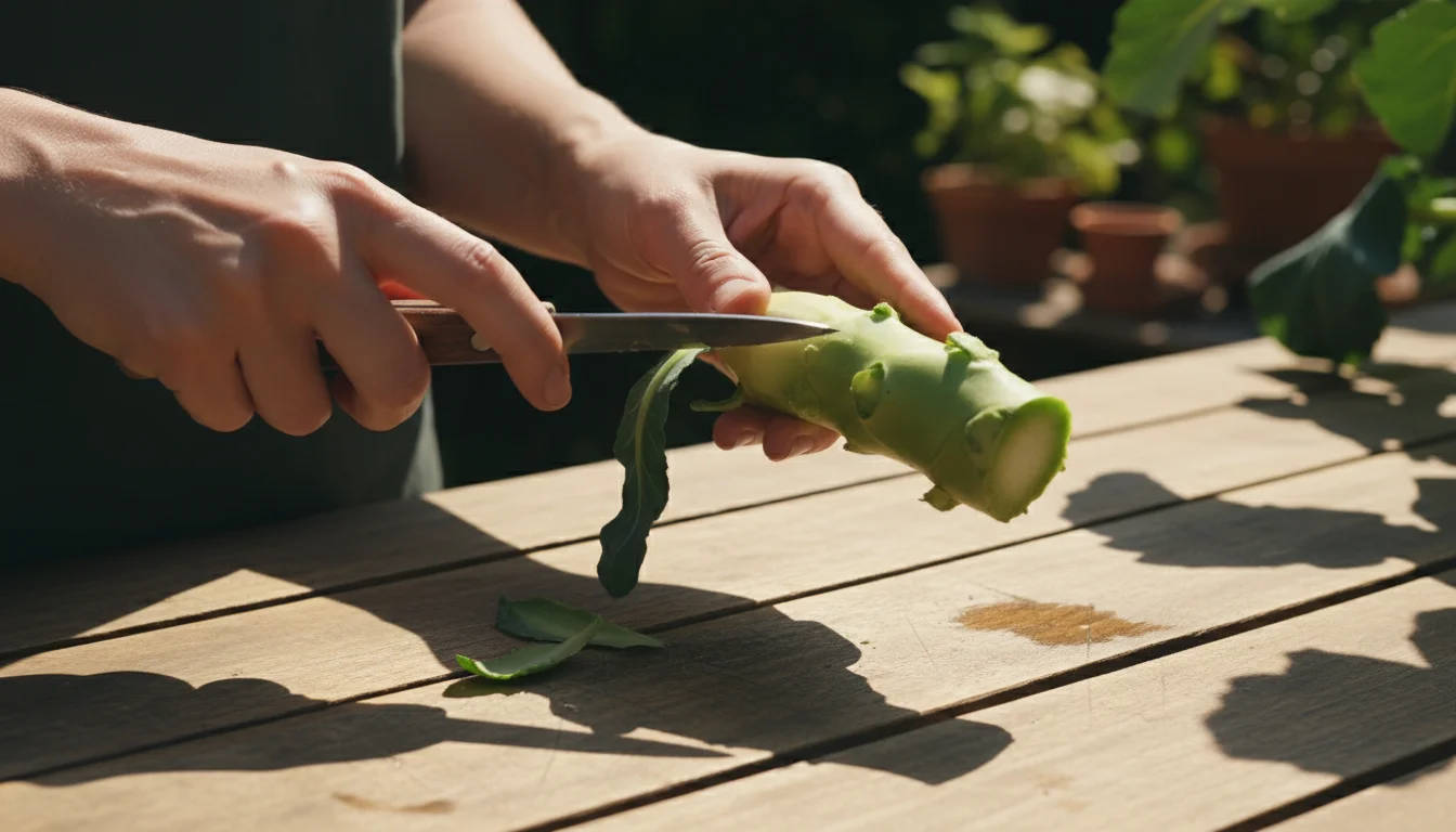 Hands peeling a thick broccoli stem on a wooden table, revealing its pale green, tender interior. Blurry container plants are in the background.