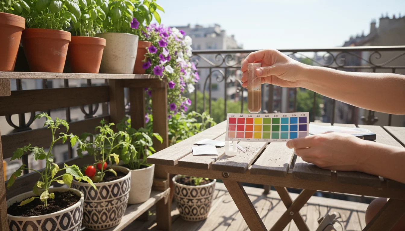Hands perform a soil pH test on a sunlit balcony, comparing a vial's color to a chart amidst thriving container plants.
