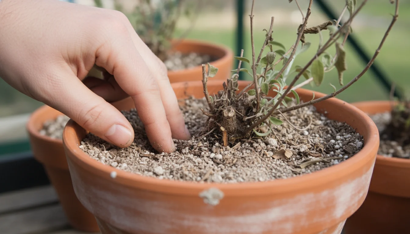 Close-up of hands performing a finger test on a container plant's soil in a terracotta pot, checking moisture for overwintering.