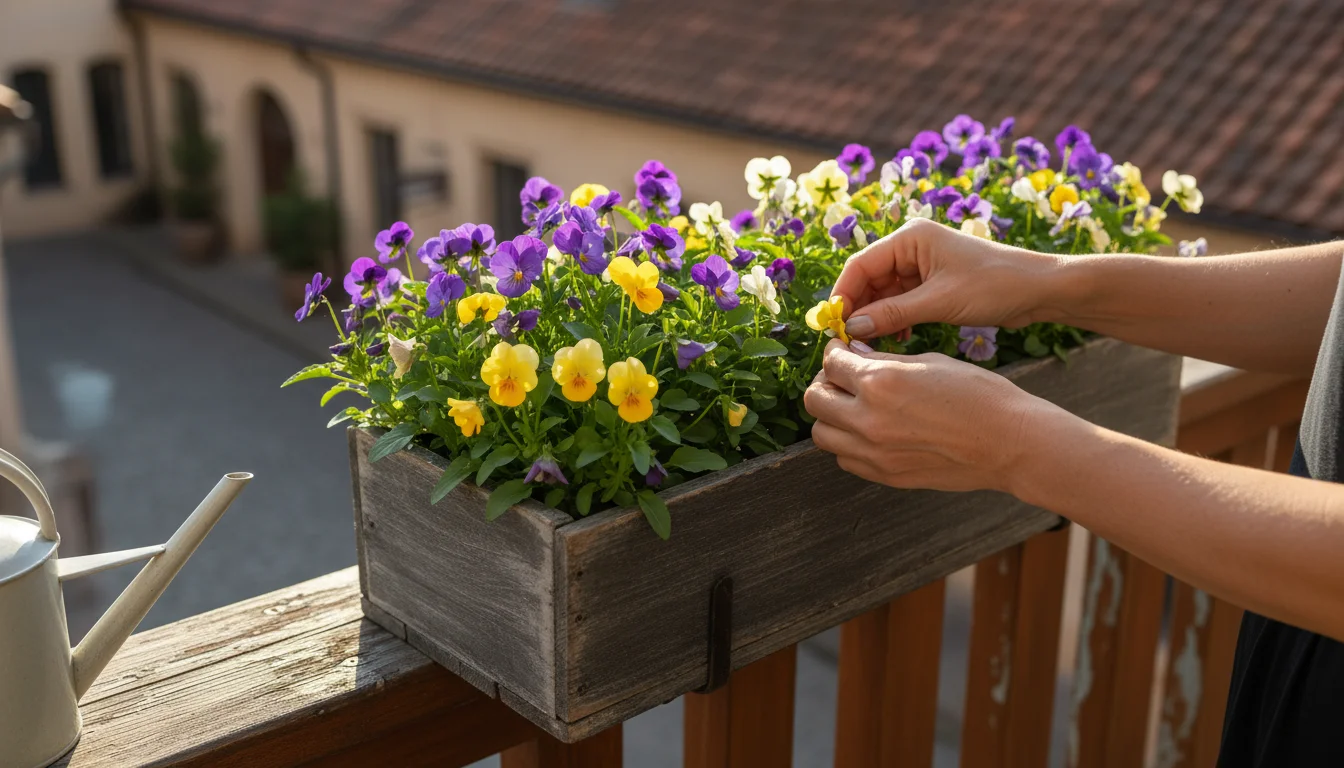 Hands gently picking purple and yellow viola flowers from a window box, next to a small ceramic bowl of collected blooms on a wooden railing.