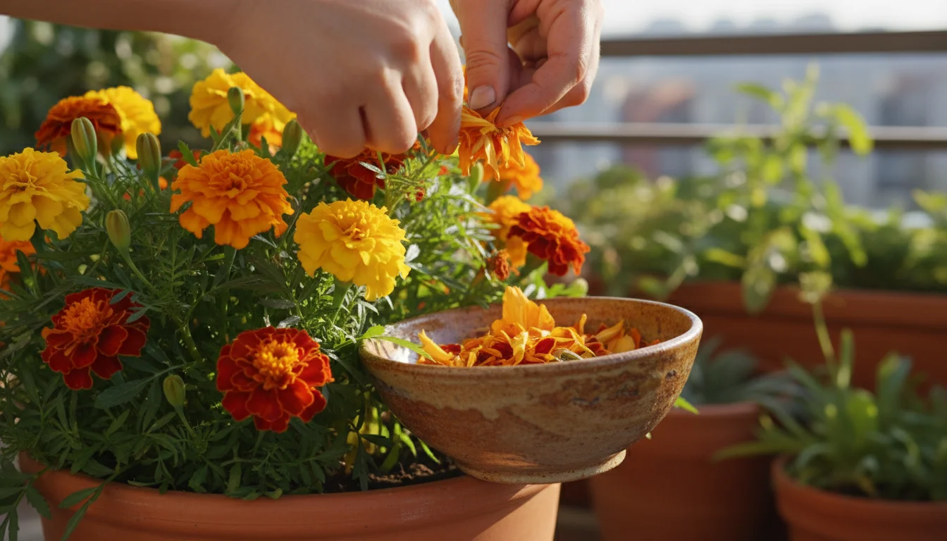 Close-up of hands gently picking spent orange and yellow marigold flowers from a potted plant on a balcony, petals in a ceramic bowl.